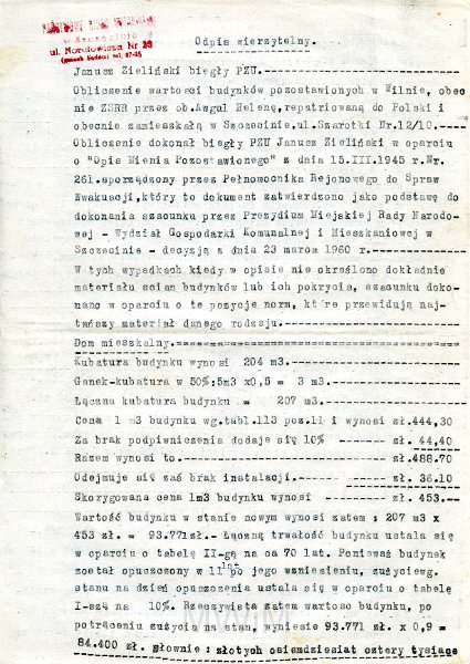 KKE 5790-1.jpg - Dok. Odpis Wierzytelny wystawiony przez Państwowe Biuro Notarialne w Szczecinie dotyczący oceny wartości domu przez biegłego PZU Janusza Zielińskiego, Szczecin, 24 III 1960 r. Odpis sporządzony w Szczecinie 31 III 1960 r. przez notariusza Marian Kwapisiewicza.